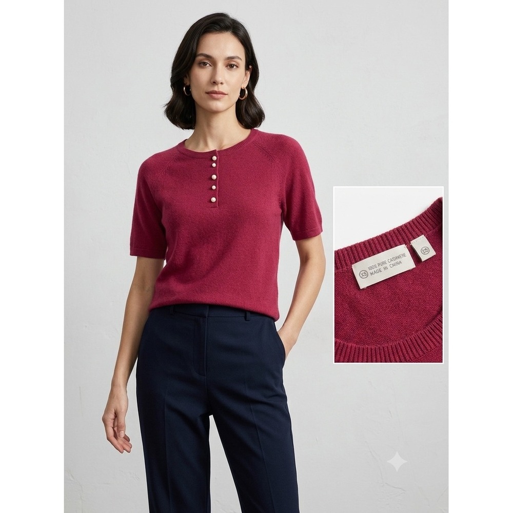 TSE Magenta 100% Cashmere Short Sleeve Pearl Button Henley Sweater XS